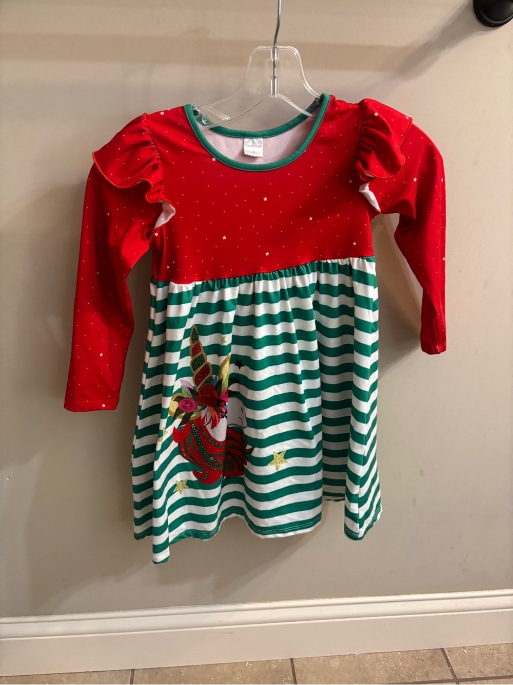Girls' Red and Green Striped Unicorn Holiday Dress